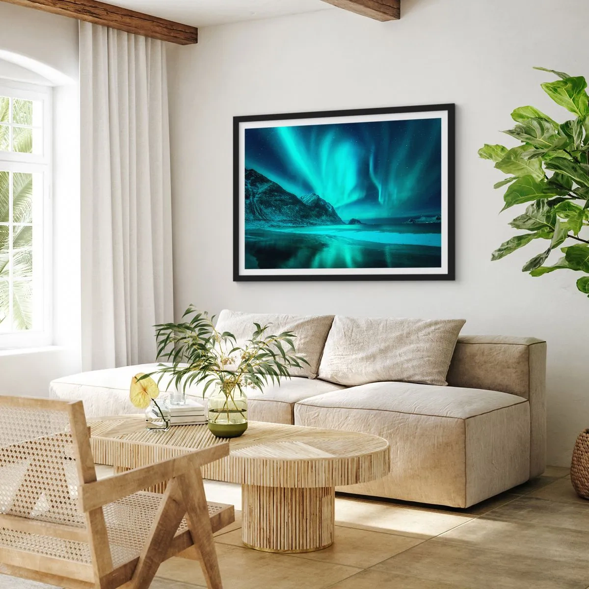 Póster en marco negro - Aurora boreal sobre un paisaje invernal montañoso - 100x70cm - Maravillas del norte - Decoración de pared moderna para salón y dormitorio ARTTOR