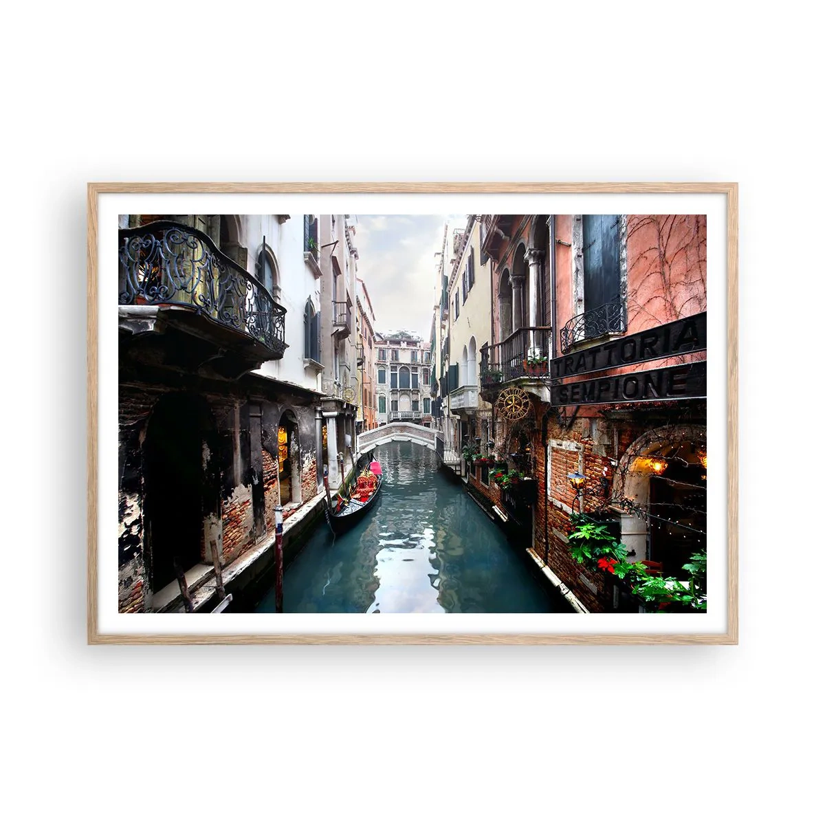 Póster en marco roble claro - Paisaje veneciano con góndola y puente - 100x70 cm
