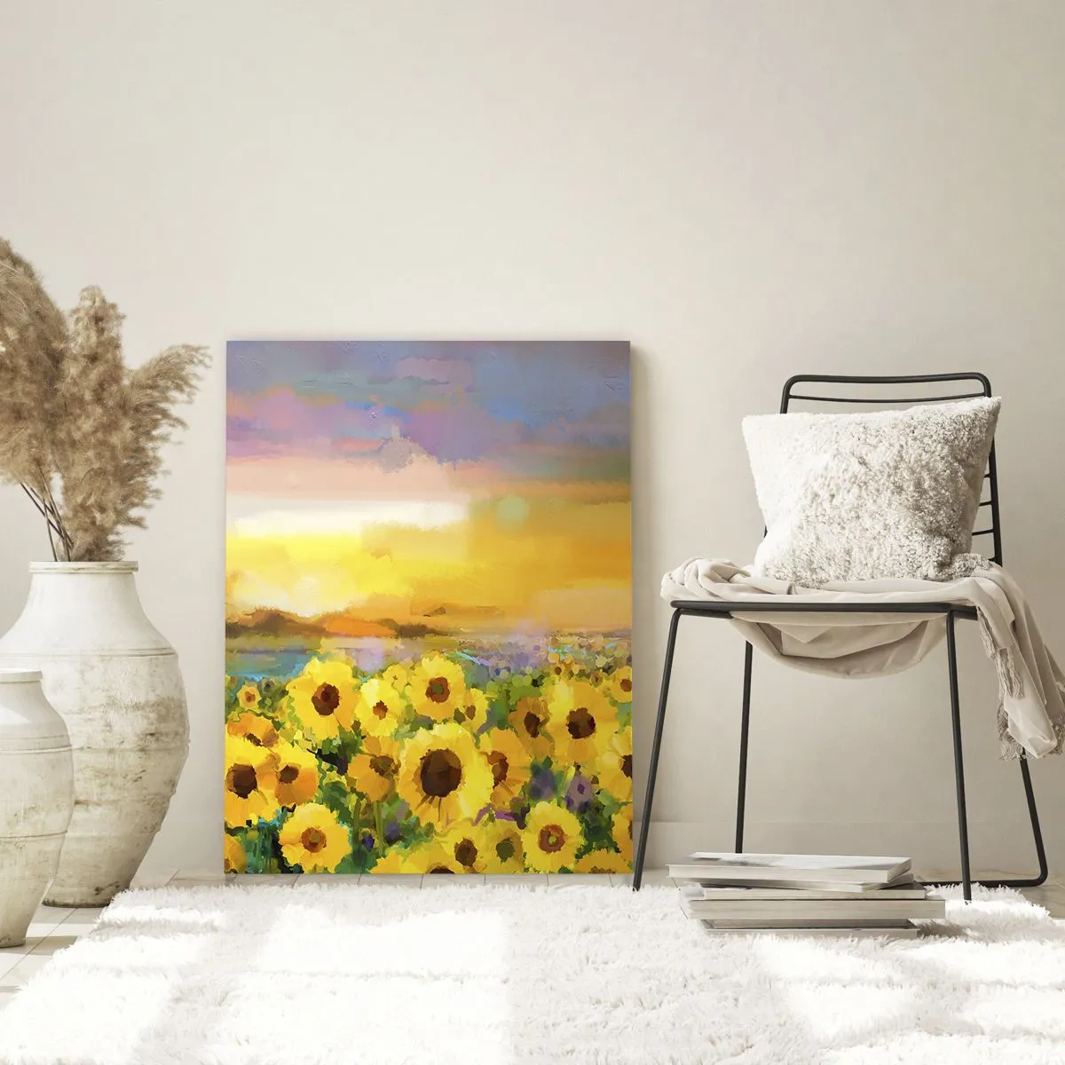 Cuadro sobre vidrio - Impresiones sobre Vidrio - Un campo de girasoles a la luz del sol poniente. - 50x70cm - El propio sol ha bajado a la Tierra - Decoración de pared moderna para salón y dormitorio ARTTOR