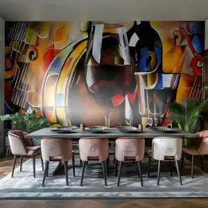 Fotomural Premium Sand - Composición abstracta con vino e instrumentos. - 100x70cm - Y el mundo se vuelve más colorido - Decoración de pared moderna para salón y dormitorio ARTTOR