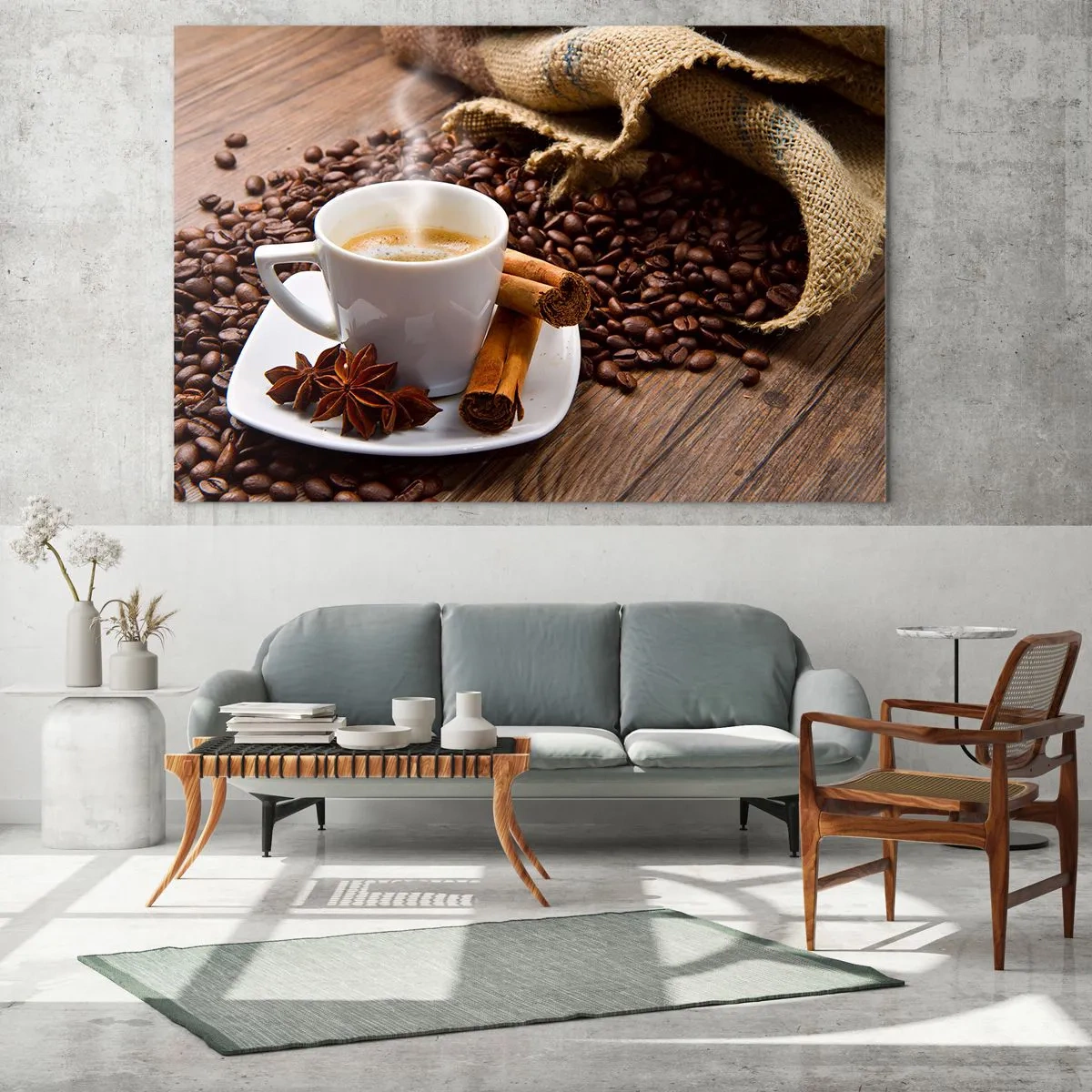 Cuadro sobre vidrio - Impresiones sobre Vidrio - Una taza de café con canela y granos de café sobre una mesa de madera. - 70x50cm - Sabor y aroma picante - Decoración de pared moderna para salón y dormitorio ARTTOR