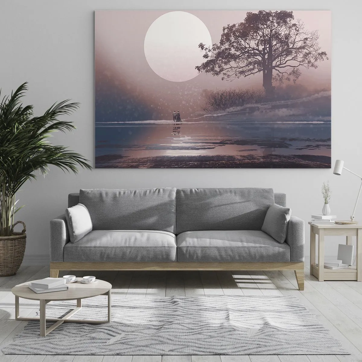 Cuadro sobre vidrio - Impresiones sobre Vidrio - Un paisaje mágico con un árbol, una luna y figuras. - 100x70cm - Rarezas nocturnas - Decoración de pared moderna para salón y dormitorio ARTTOR