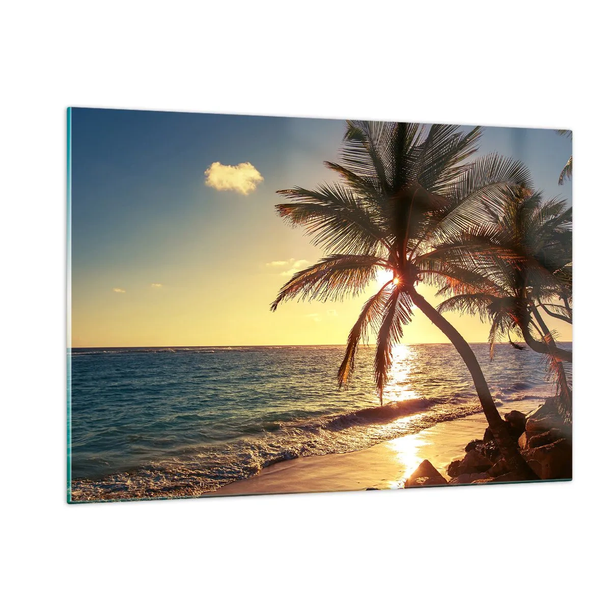 Cuadro sobre vidrio - Impresiones sobre Vidrio - Playa tropical con palmeras a la luz del sol poniente. - 120x80cm - Verano bajo las palmeras - Decoración de pared moderna para salón y dormitorio ARTTOR