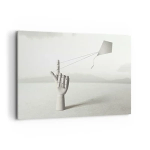 Cuadro sobre lienzo - Impresión de Imagen - Una mano de madera minimalista con una cometa sobre un fondo de paisaje. - 120x80cm - Una prueba de fuerza - Decoración de pared moderna para salón y dormitorio ARTTOR