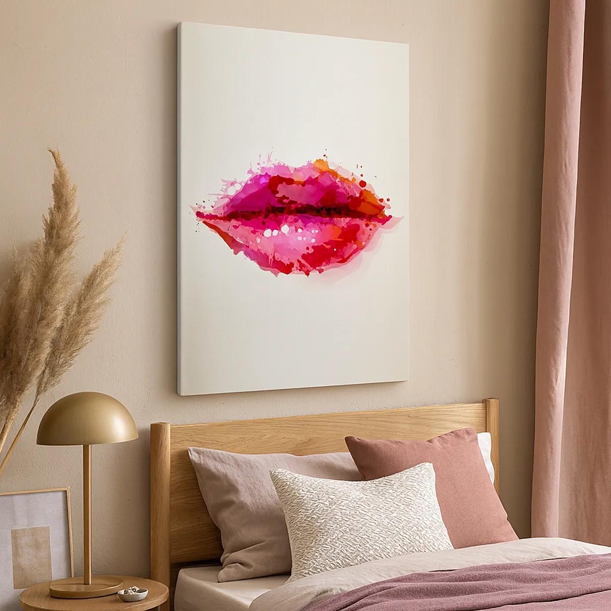 Cuadro sobre lienzo - Impresión de Imagen - Motivo abstracto de labios en tonos rosa y rojo. - 50x70cm - Un tono más rojo - Decoración de pared moderna para salón y dormitorio ARTTOR