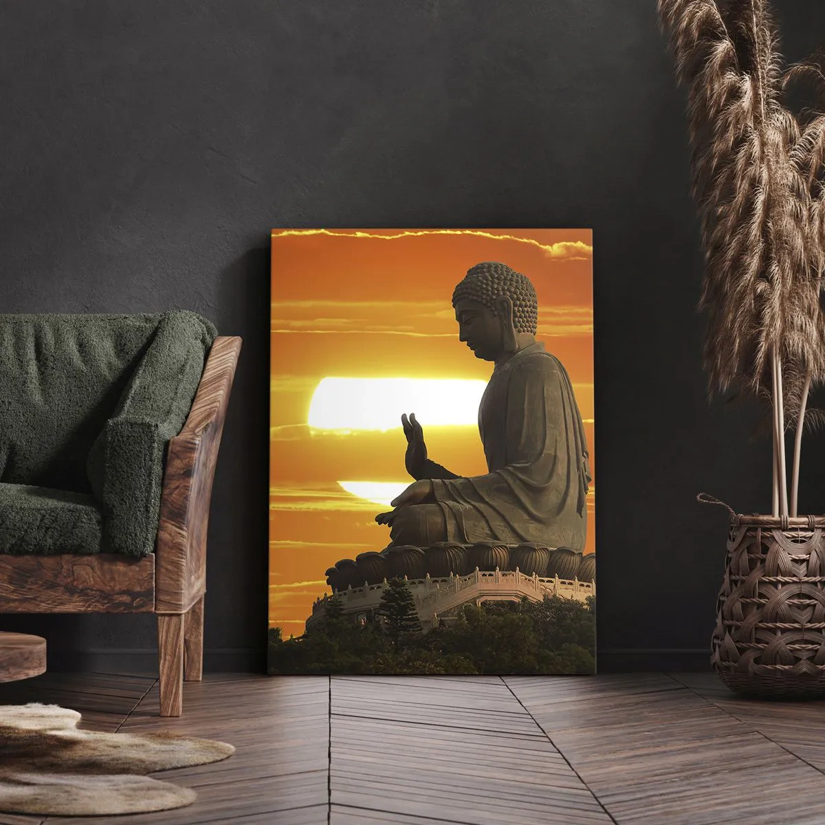 Cuadro sobre lienzo - Impresión de Imagen - Una estatua budista con el telón de fondo de una puesta de sol naranja. - 80x120cm - Sin miedo al mundo - Decoración de pared moderna para salón y dormitorio ARTTOR