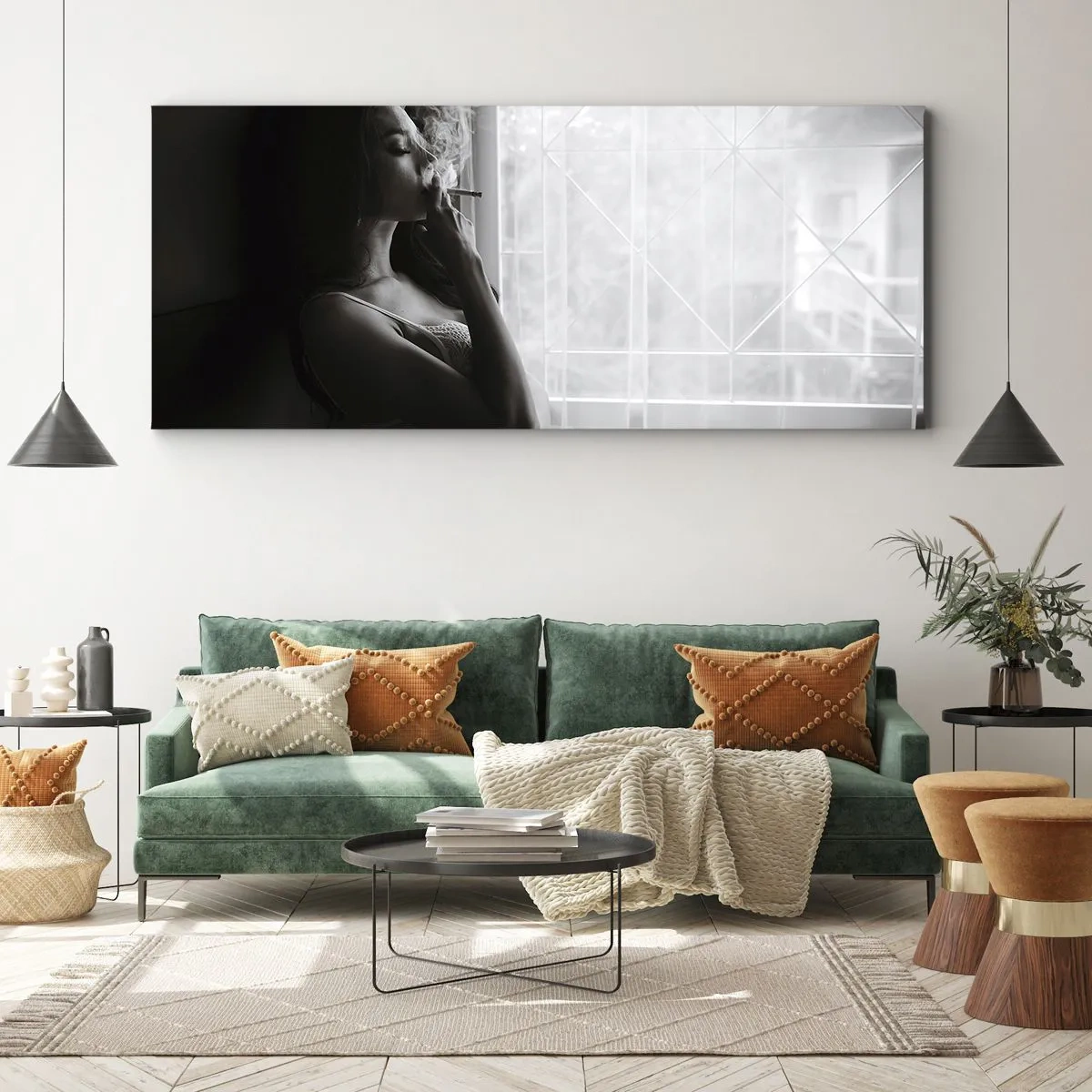 Cuadro sobre lienzo - Impresión de Imagen - Una mujer en una pose sensual en una fotografía en blanco y negro. - 160x50cm - Un momento sensual - Decoración de pared moderna para salón y dormitorio ARTTOR