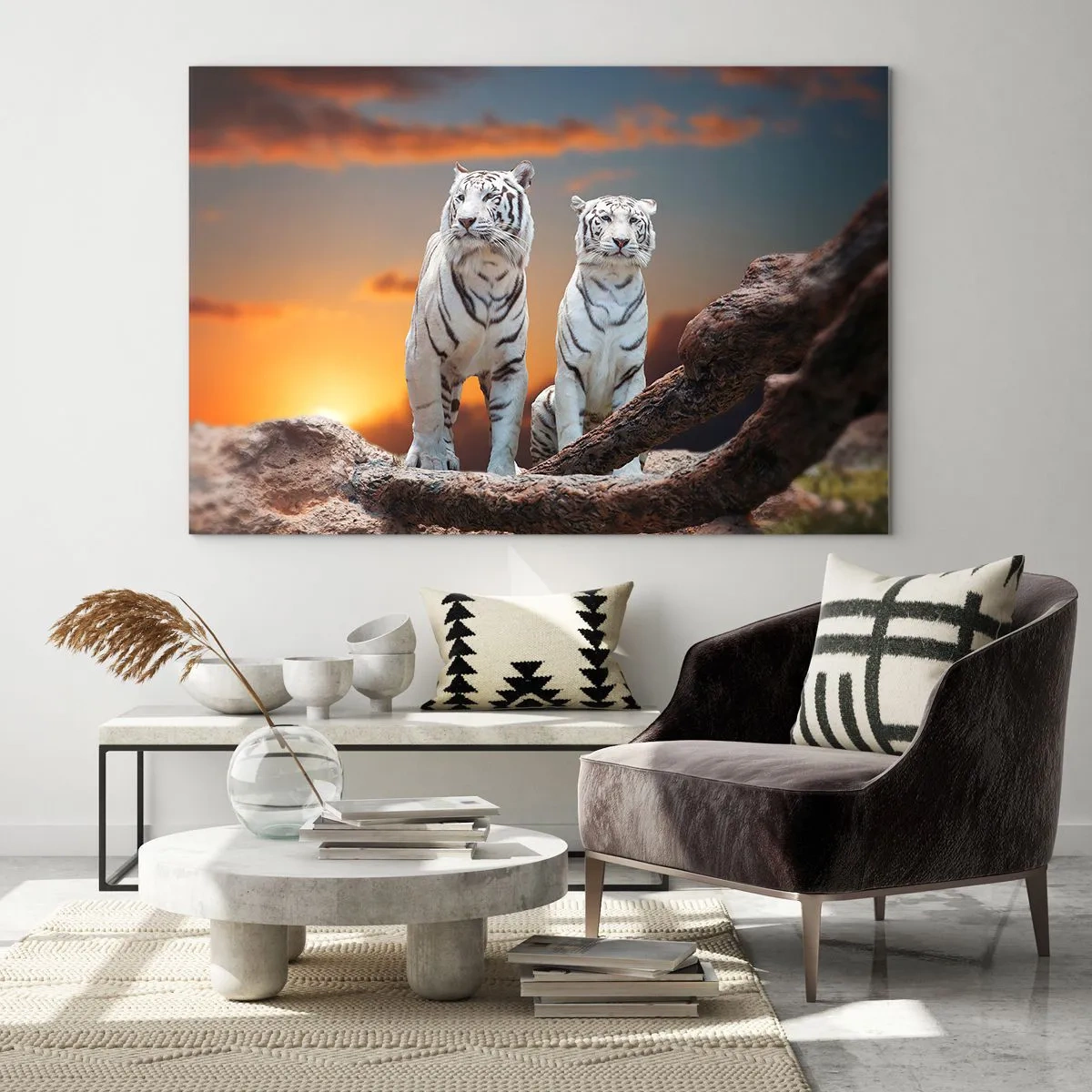 Cuadro sobre vidrio - Impresiones sobre Vidrio - Tigres blancos contra el sol poniente - 70x50cm - Como en Narnia - Decoración de pared moderna para salón y dormitorio ARTTOR