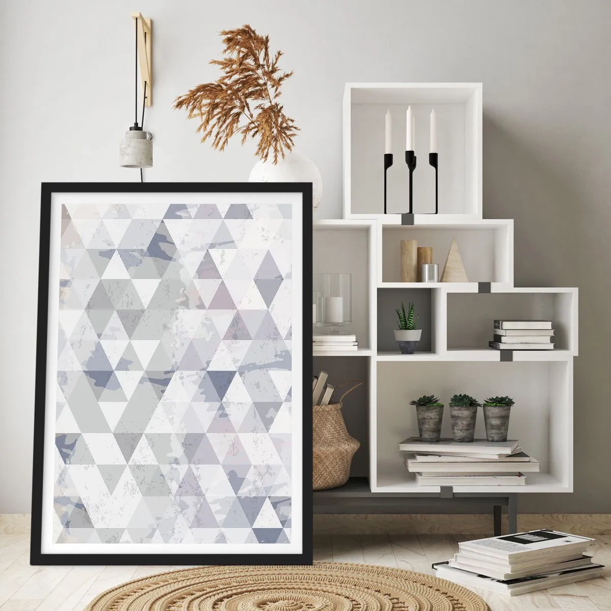 Póster en marco negro - Patrón geométrico de triángulos en tonos grises. - 50x70cm - A ritmo de triángulo - Decoración de pared moderna para salón y dormitorio ARTTOR