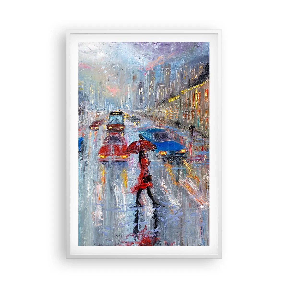 Póster en marco blanco - Una tarde de lluvia en la ciudad - 61x91 cm