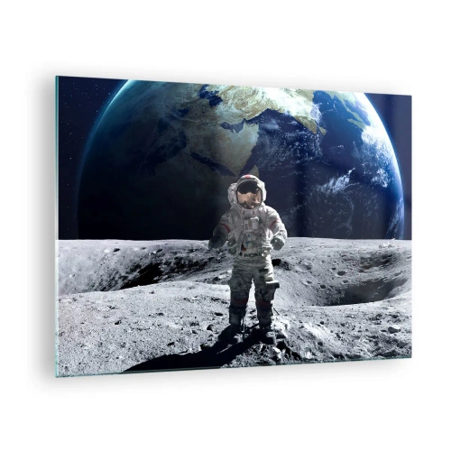 Cuadro sobre vidrio - Impresiones sobre Vidrio - Astronauta en la superficie de la Luna con la Tierra al fondo - 70x50cm - Saludos desde la Luna - Decoración de pared moderna para salón y dormitorio ARTTOR