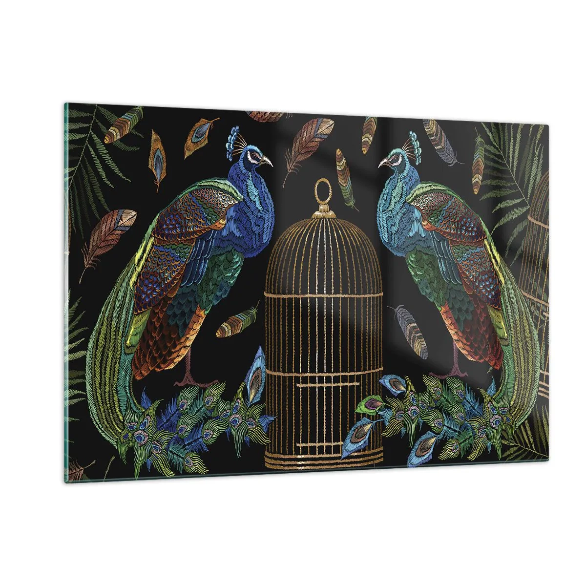 Cuadro sobre vidrio - Impresiones sobre Vidrio - Pavos reales coloridos y una jaula sobre un fondo negro - 120x80cm - Con plumajes reales - Decoración de pared moderna para salón y dormitorio ARTTOR