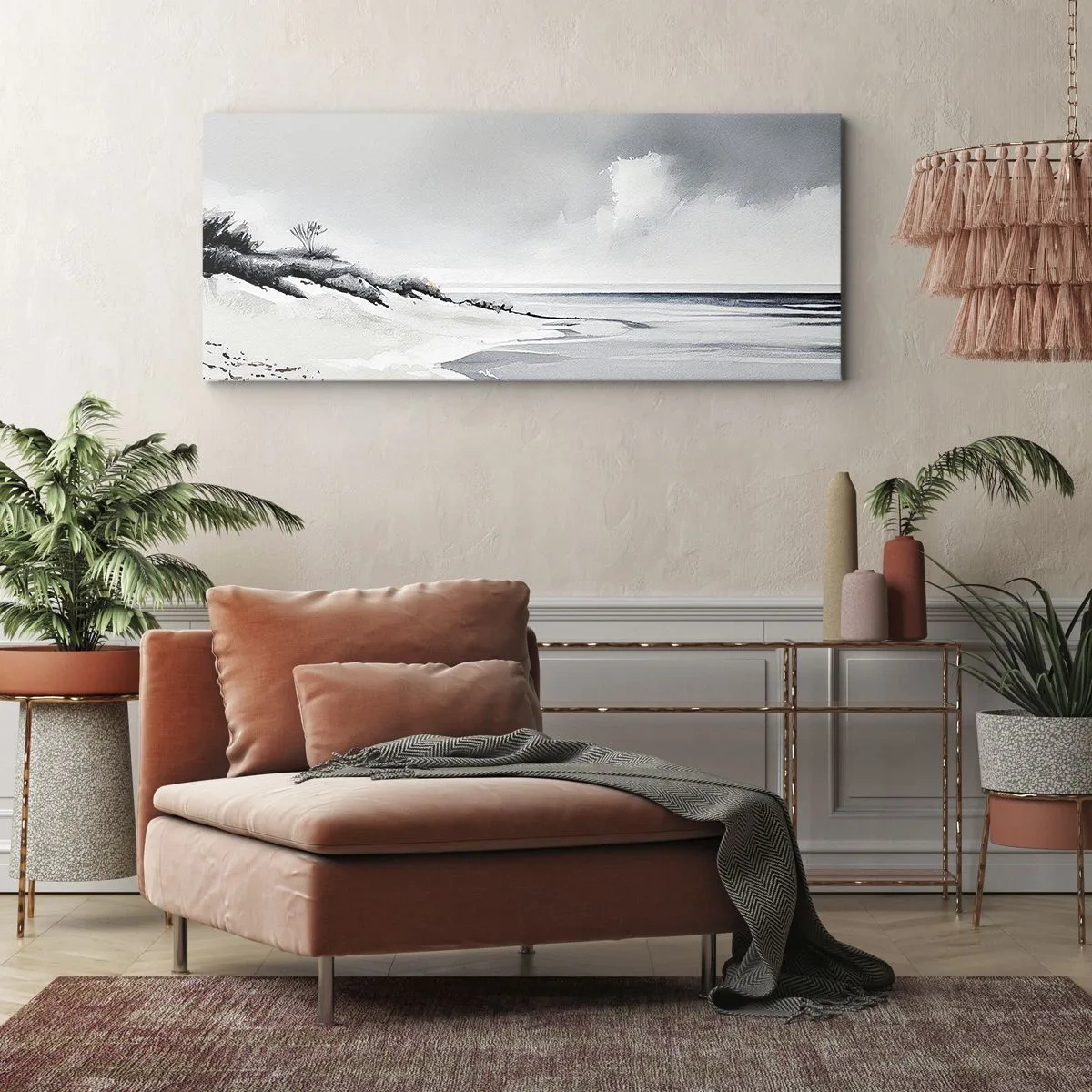 Cuadro sobre lienzo - Impresión de Imagen - Una playa en tonos tenues de gris y azul. - 120x50cm - Juntos desde el principio de los tiempos - Decoración de pared moderna para salón y dormitorio ARTTOR