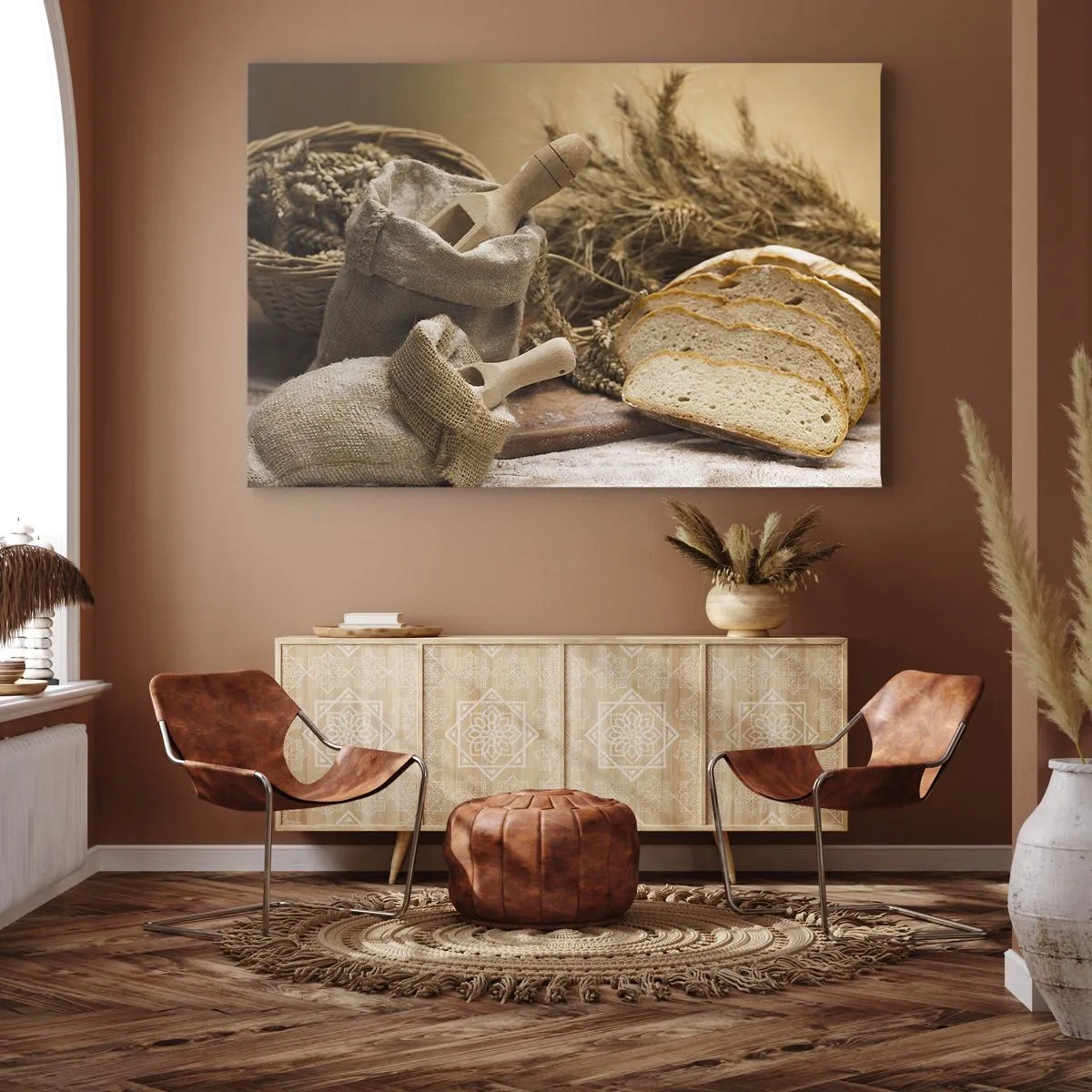 Cuadro sobre lienzo - Impresión de Imagen - Un paisaje con pan, harina y espigas de trigo en estilo rústico. - 70x50cm - Corte perfecto - Decoración de pared moderna para salón y dormitorio ARTTOR