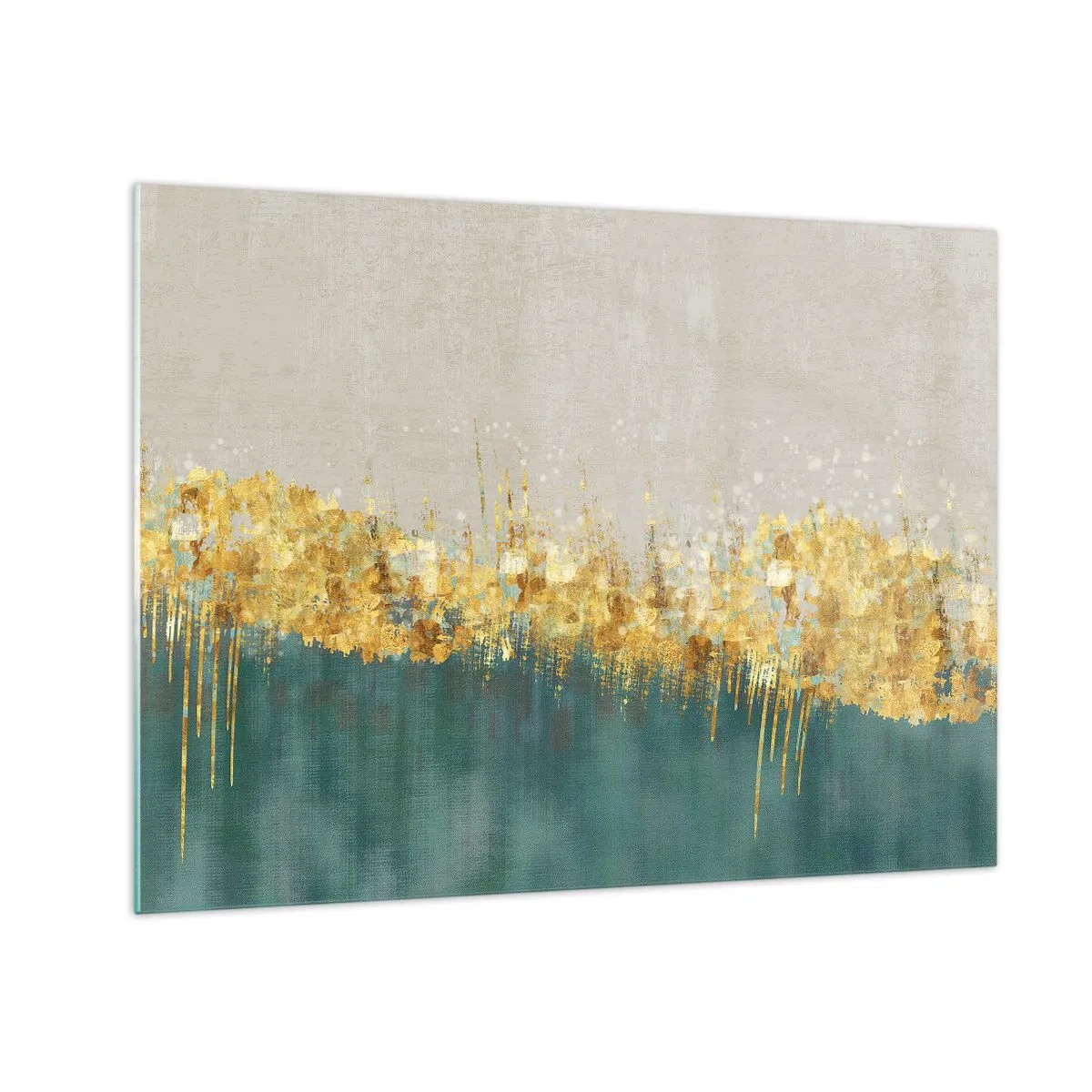 Cuadro sobre vidrio - Impresiones sobre Vidrio - Los acentos dorados crean un borde entre el beige y el verde botella. - 70x50cm - La frontera dorada - Decoración de pared moderna para salón y dormitorio ARTTOR