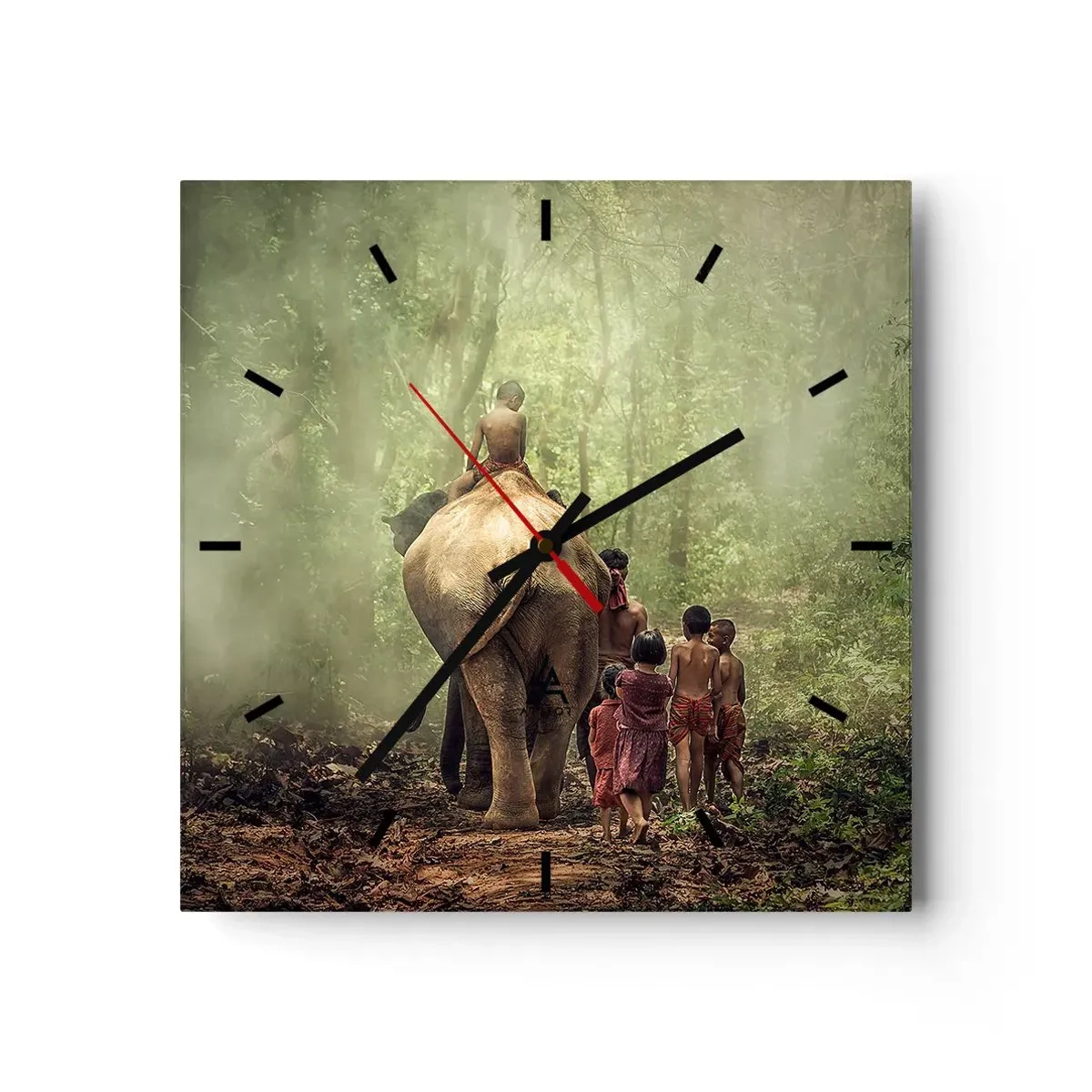 Reloj de pared - Reloj de vidrio - Niños con un elefante en un bosque verde a la luz de la mañana. - 30x30cm - El nuevo libro de la selva - Decoración de pared moderna para salón y dormitorio ARTTOR