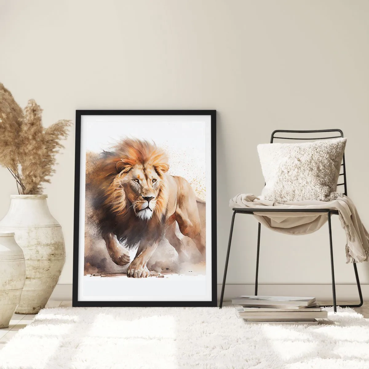 Póster en marco negro - Un león majestuoso en movimiento en un estilo pictórico. - 50x70cm - El rey ha partido - Decoración de pared moderna para salón y dormitorio ARTTOR