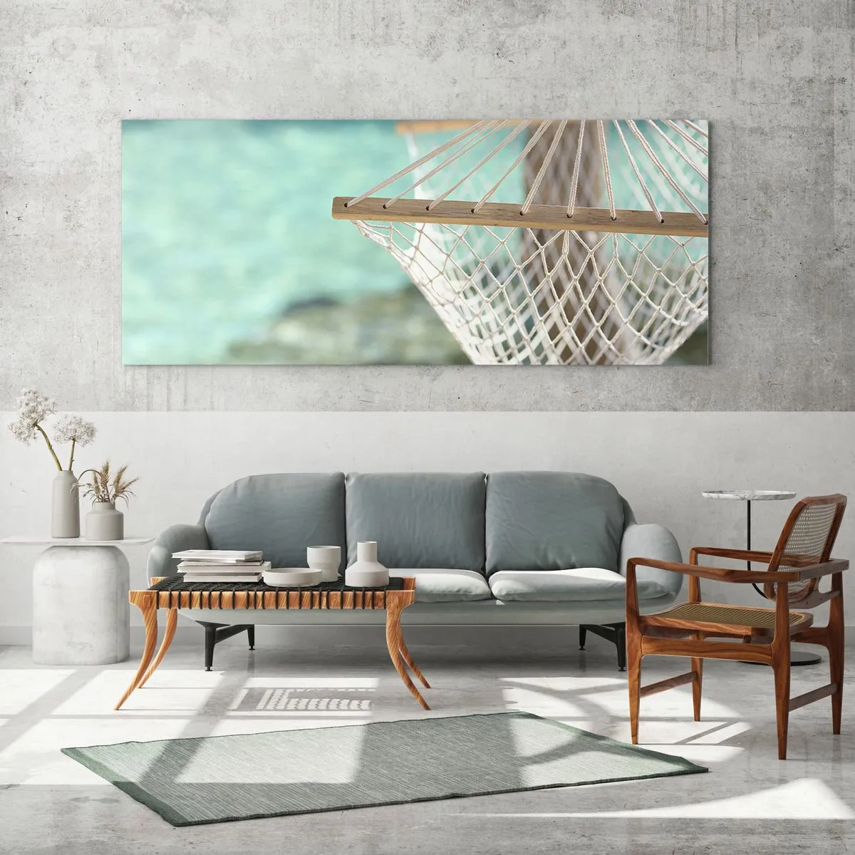 Cuadro sobre vidrio - Impresiones sobre Vidrio - Una hamaca con vistas al agua turquesa. - 140x50cm - Momento de relax - Decoración de pared moderna para salón y dormitorio ARTTOR