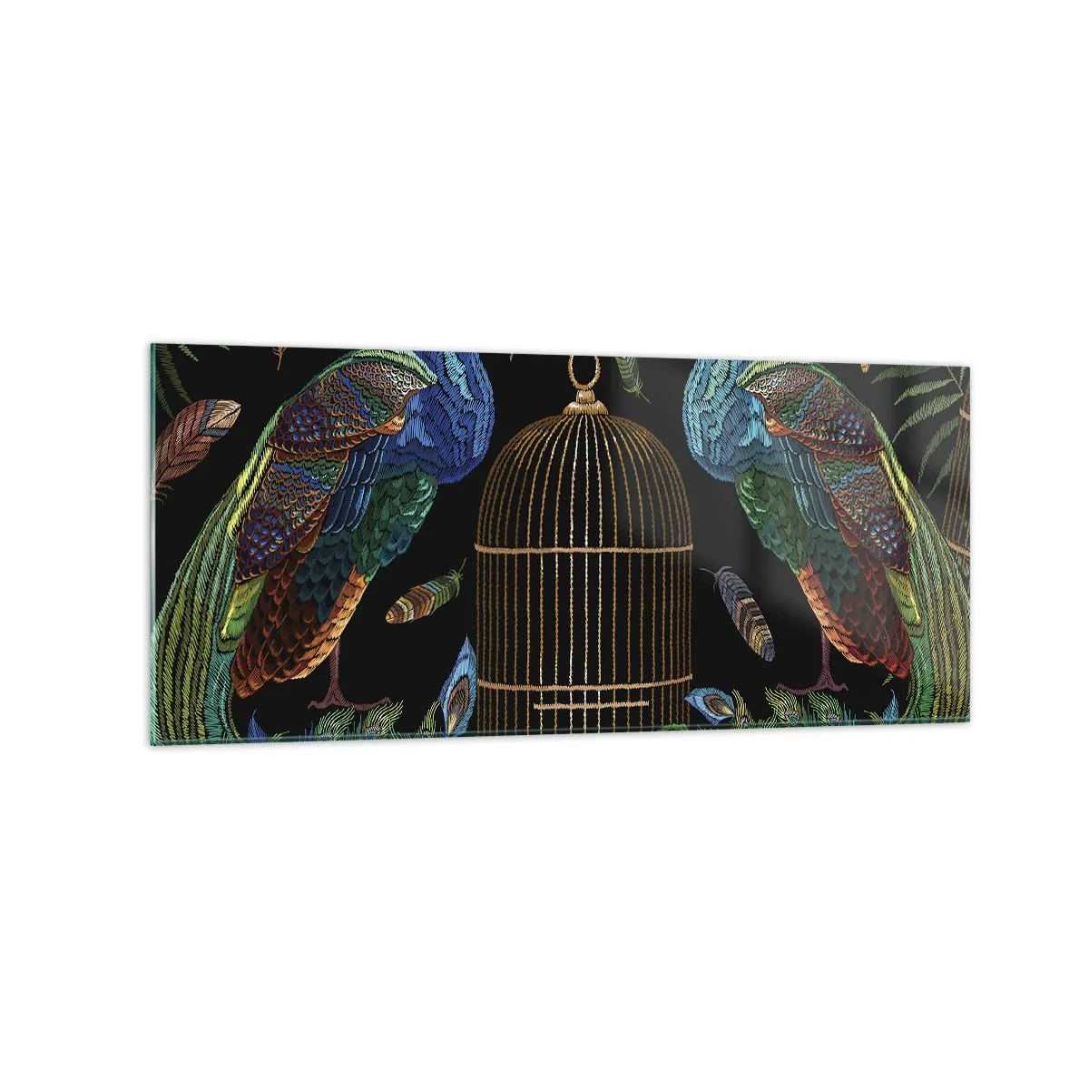 Cuadro sobre vidrio - Impresiones sobre Vidrio - Pavos reales junto a una jaula dorada sobre un fondo negro - 120x50cm - Con plumajes reales - Decoración de pared moderna para salón y dormitorio ARTTOR