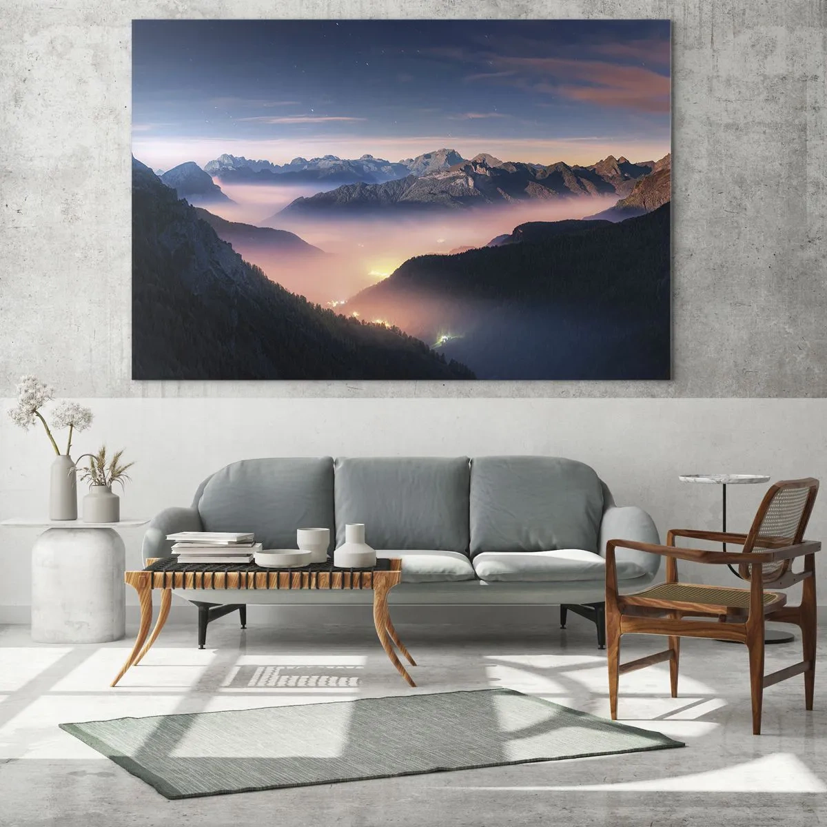 Cuadro sobre vidrio - Impresiones sobre Vidrio - Paisaje de montaña al atardecer con niebla en el valle - 100x70cm - Luz en los valles - Decoración de pared moderna para salón y dormitorio ARTTOR