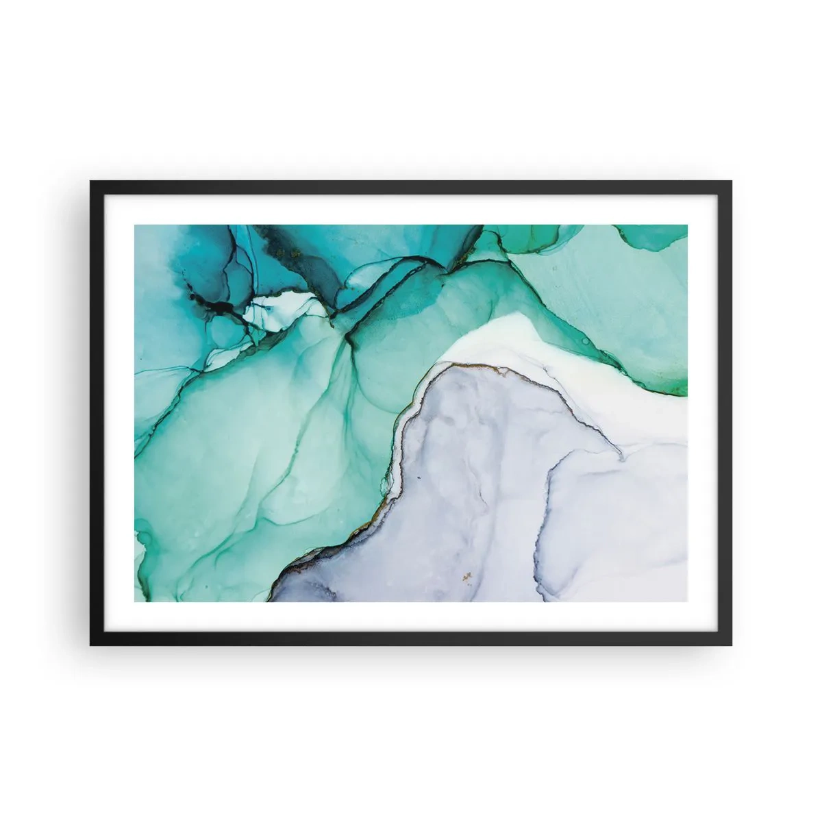Póster en marco negro - Patrón abstracto en tonos turquesa y blanco. - 70x50cm - Estudio en turquesa - Decoración de pared moderna para salón y dormitorio ARTTOR