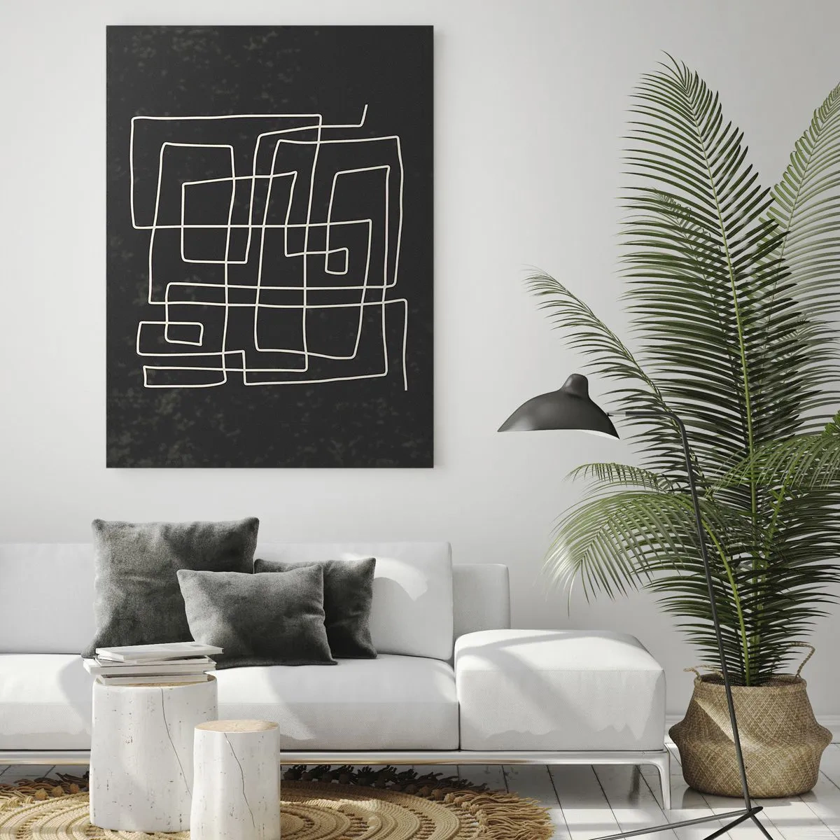 Cuadro sobre vidrio - Impresiones sobre Vidrio - Abstracción geométrica con líneas blancas sobre fondo negro. - 50x70cm - No es tan sencillo - Decoración de pared moderna para salón y dormitorio ARTTOR