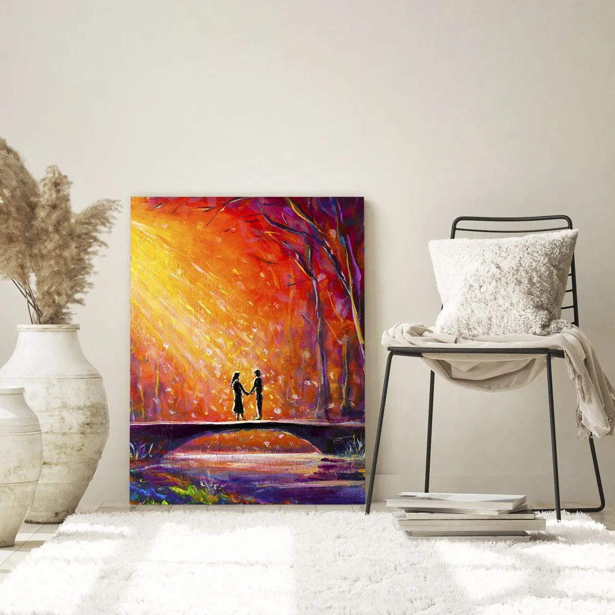 Cuadro sobre vidrio - Impresiones sobre Vidrio - Pareja romántica en un puente en el bosque otoñal - 70x100cm - El cielo también los ama - Decoración de pared moderna para salón y dormitorio ARTTOR