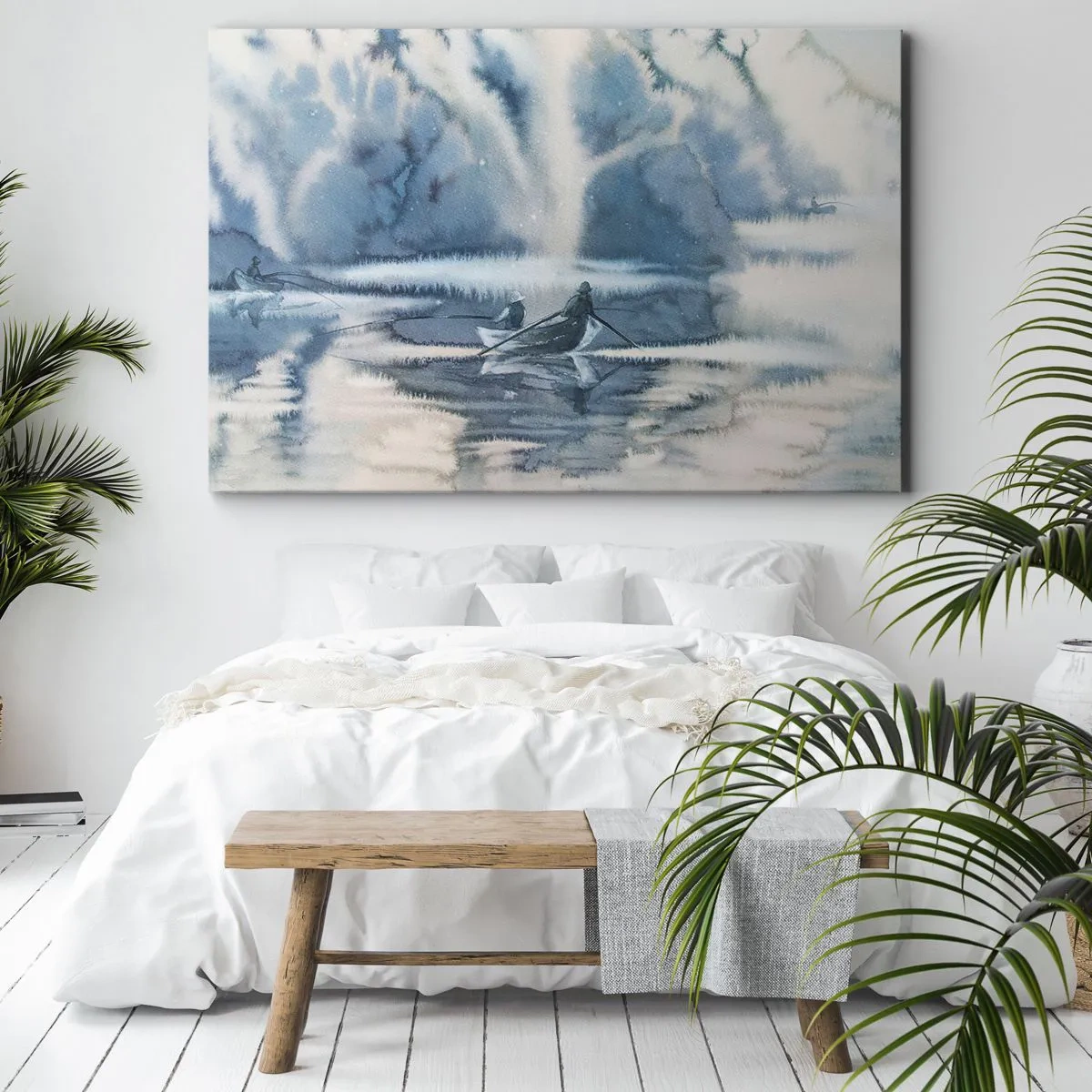 Cuadro sobre lienzo - Impresión de Imagen - Paisaje de acuarela con barcos en un lago rodeado de un bosque brumoso. - 120x80cm - Pescadores en su paraíso - Decoración de pared moderna para salón y dormitorio ARTTOR