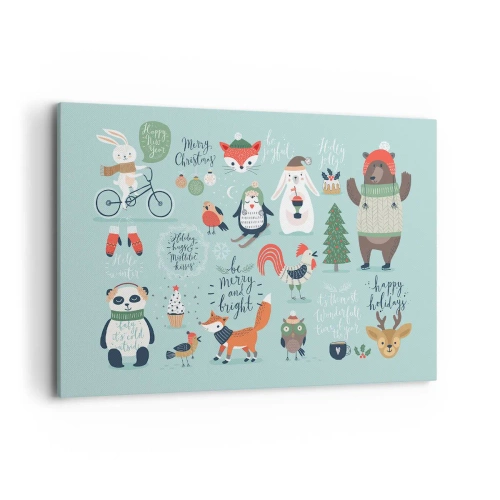 Cuadro sobre lienzo - Impresión de Imagen - Ilustración navideña de animales en un ambiente invernal. - 120x80cm - ¡Que siempre sea Navidad! - Decoración de pared moderna para salón y dormitorio ARTTOR