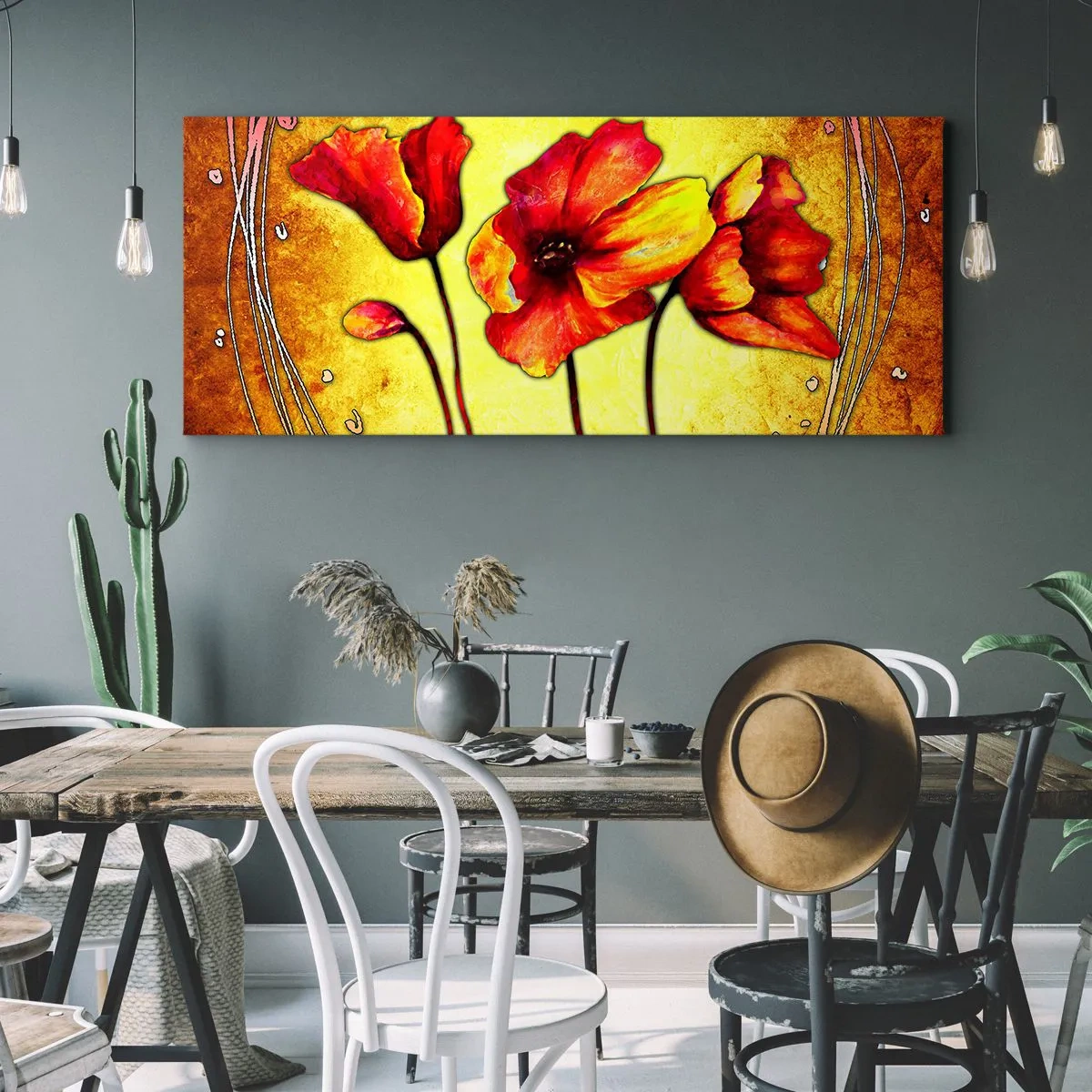 Cuadro sobre lienzo - Impresión de Imagen - Flores rojas y amarillas sobre un fondo dorado con patrones decorativos. - 120x50cm - En decoración Art Nouveau - Decoración de pared moderna para salón y dormitorio ARTTOR