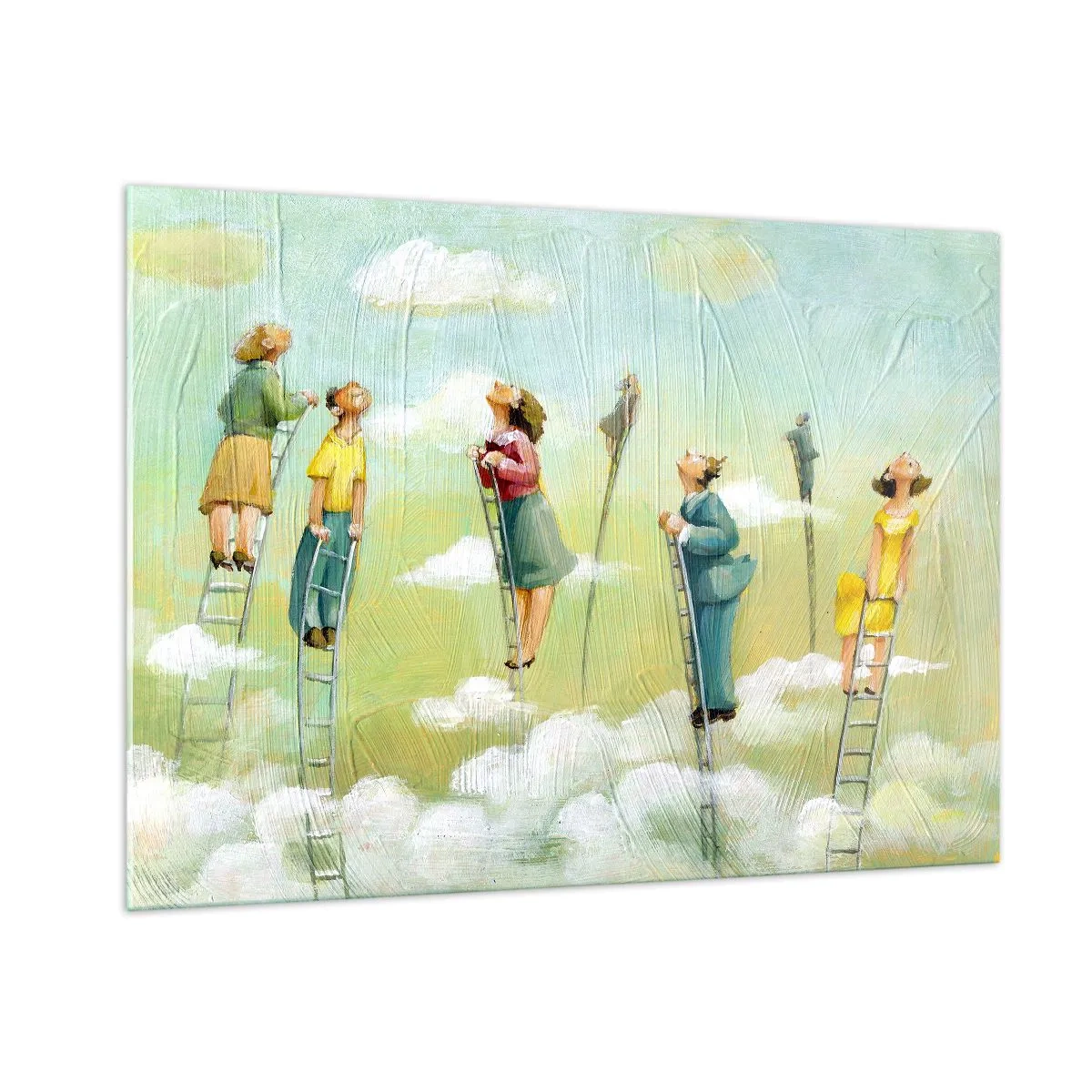 Cuadro sobre vidrio - Impresiones sobre Vidrio - Figuras subiendo escaleras entre las nubes - 100x70cm - Sigue tu sueño - Decoración de pared moderna para salón y dormitorio ARTTOR