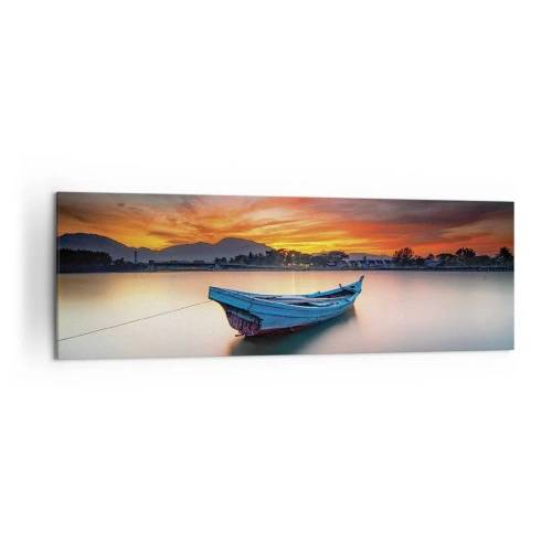 Cuadro sobre lienzo - Impresión de Imagen - Un barco en el agua durante una pintoresca puesta de sol. - 160x50cm - Se avecina una buena noche - Decoración de pared moderna para salón y dormitorio ARTTOR
