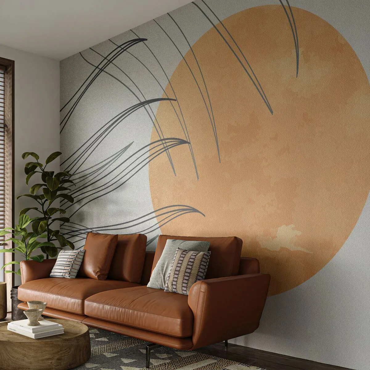 Fotomural Premium Sand - Un sol naranja con líneas que se asemejan a la hierba en el viento. - 100x70cm - Siempre hacia el sol - Decoración de pared moderna para salón y dormitorio ARTTOR