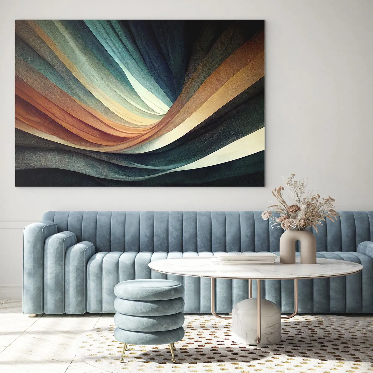 Cuadro sobre vidrio - Impresiones sobre Vidrio - Ondas coloridas en tonos turquesa, naranja y beige. - 100x70cm - Tejido de colores - Decoración de pared moderna para salón y dormitorio ARTTOR