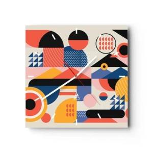 Reloj de pared - Reloj de vidrio - Formas geométricas coloridas en estilo retro - 30x30cm - Composición: juegos - Decoración de pared moderna para salón y dormitorio ARTTOR