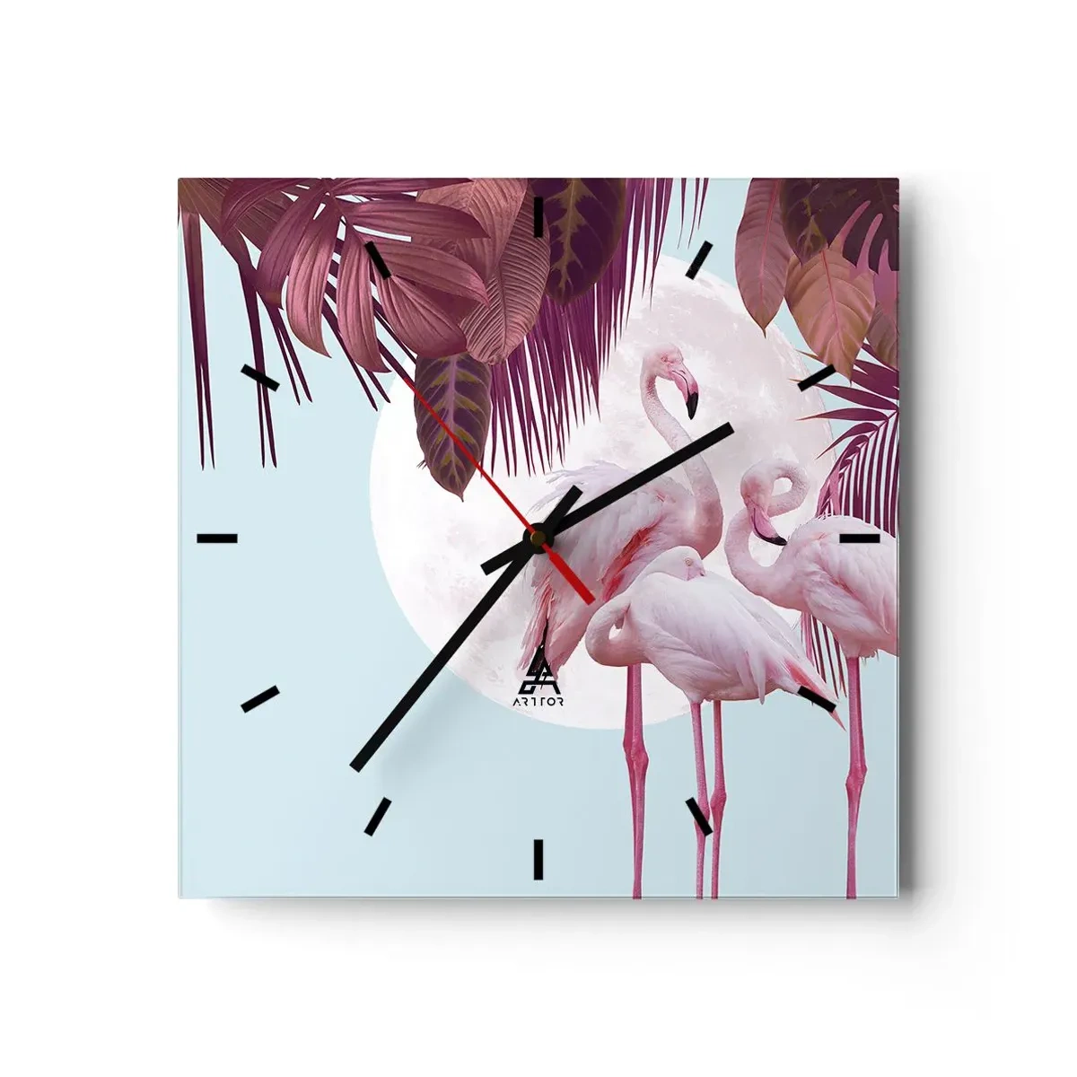 Reloj de pared - Reloj de vidrio - Flamencos rosados con la luna y las hojas tropicales como telón de fondo. - 30x30cm - La grandeza de las aves - Decoración de pared moderna para salón y dormitorio ARTTOR