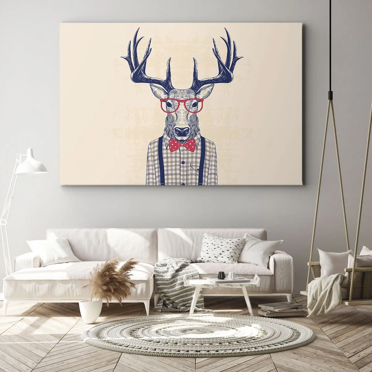 Cuadro sobre lienzo - Impresión de Imagen - Gráfico estilizado de un ciervo con gafas y pajarita. - 70x50cm - Una extravagancia lúdica - Decoración de pared moderna para salón y dormitorio ARTTOR
