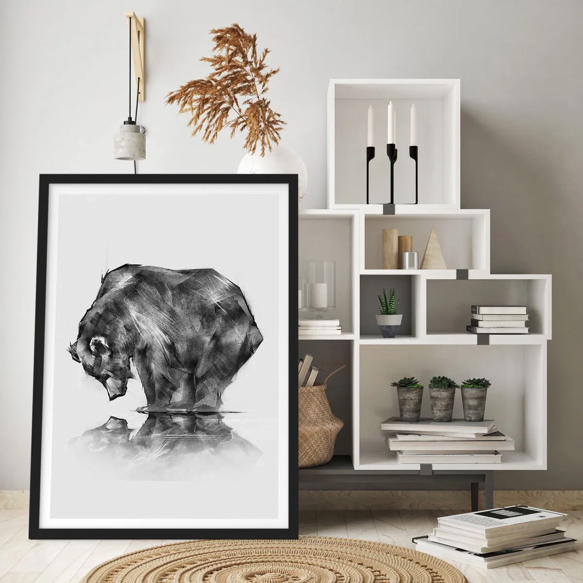 Póster en marco negro - Imagen geométrica de un oso junto al agua. - 50x70cm - Es bueno ver a alguien cercano - Decoración de pared moderna para salón y dormitorio ARTTOR