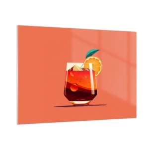 Cuadro sobre vidrio - Impresiones sobre Vidrio - Una bebida colorida con naranja sobre un cálido fondo de melocotón. - 100x70cm - Refresco de verano - Decoración de pared moderna para salón y dormitorio ARTTOR
