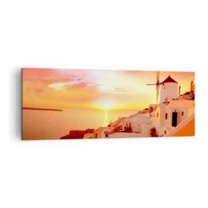 Cuadro sobre lienzo - Impresión de Imagen - Santorini al atardecer con un molino de viento - 140x50cm - Blanco y dorado - Decoración de pared moderna para salón y dormitorio ARTTOR