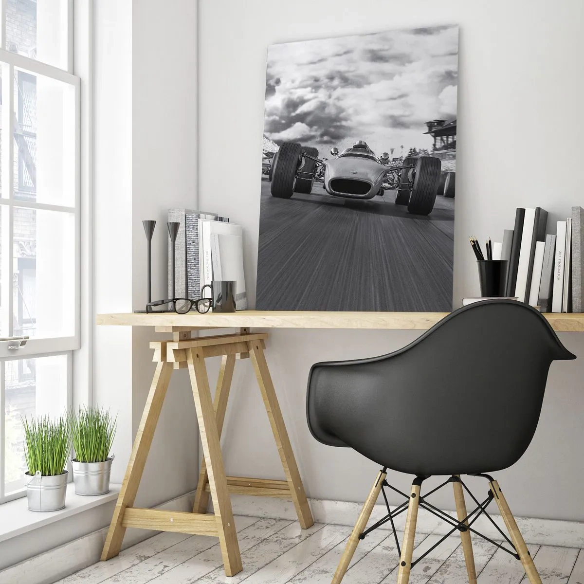 Cuadro sobre vidrio - Impresiones sobre Vidrio - Carrera de coches clásicos en una pista en blanco y negro - 50x70cm - ¡Hay poder! - Decoración de pared moderna para salón y dormitorio ARTTOR