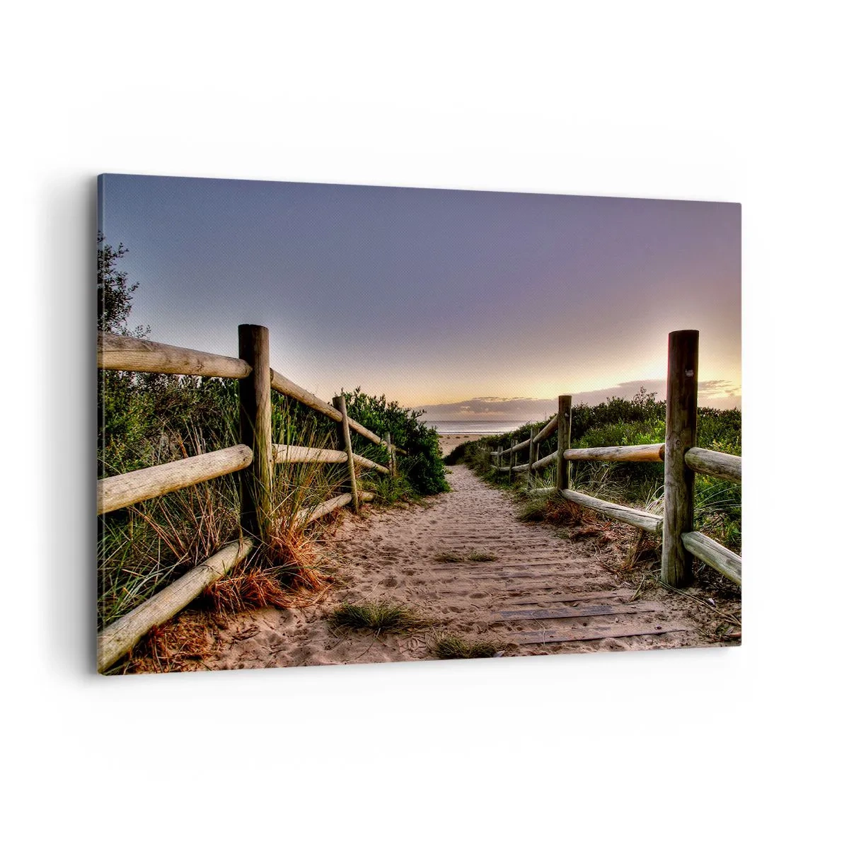 Cuadro sobre lienzo - Impresión de Imagen - Camino de madera en las dunas que conduce a la playa al atardecer - 120x80cm - Objetivo a la vista - Decoración de pared moderna para salón y dormitorio ARTTOR