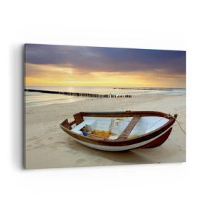 Cuadro sobre lienzo - Impresión de Imagen - Un barco en una playa de arena al atardecer. - 120x80cm - No hay playas más bonitas - Decoración de pared moderna para salón y dormitorio ARTTOR