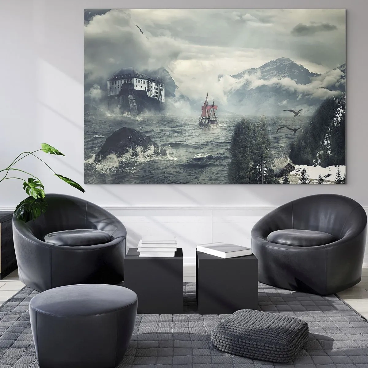 Cuadro sobre vidrio - Impresiones sobre Vidrio - Un barco en un mar tempestuoso con un castillo al fondo. - 70x50cm - En aguas mágicas - Decoración de pared moderna para salón y dormitorio ARTTOR