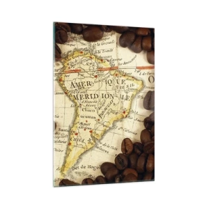 Cuadro sobre vidrio - Impresiones sobre Vidrio - Un mapa de Sudamérica rodeado de granos de café. - 80x120cm - ¿De dónde viene el mejor café? - Decoración de pared moderna para salón y dormitorio ARTTOR