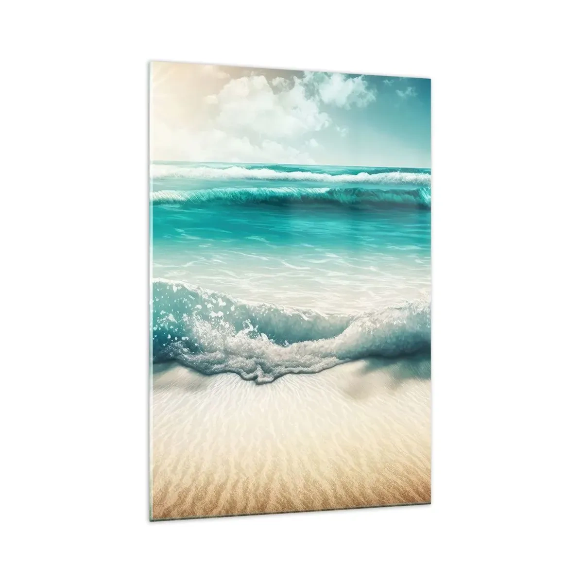 Cuadro sobre vidrio - Impresiones sobre Vidrio - Olas del océano en una playa de arena clara - 70x100cm - Calma oceánica - Decoración de pared moderna para salón y dormitorio ARTTOR