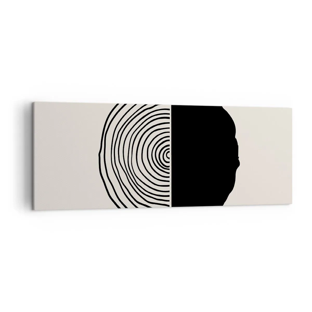Cuadro sobre lienzo - Impresión de Imagen - Un motivo abstracto en blanco y negro inspirado en una sección transversal de madera con una división geométrica. - 140x50cm - Mitad y mitad - Decoración de pared moderna para salón y dormitorio ARTTOR