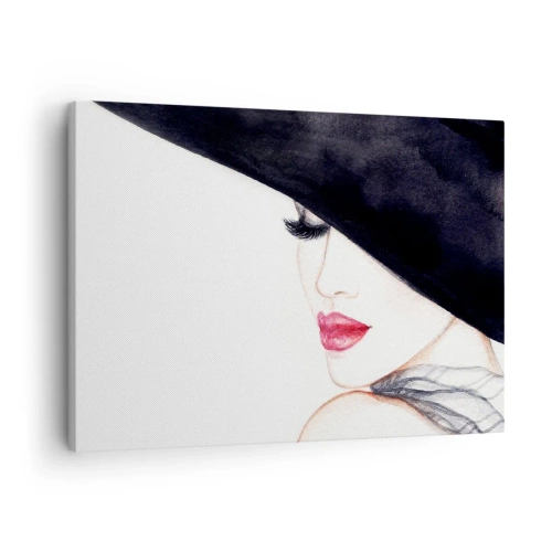 Cuadro sobre lienzo - Impresión de Imagen - Una ilustración sutil de una mujer con un sombrero negro y labios rojos. - 70x50cm - Elegancia y sensualidad - Decoración de pared moderna para salón y dormitorio ARTTOR