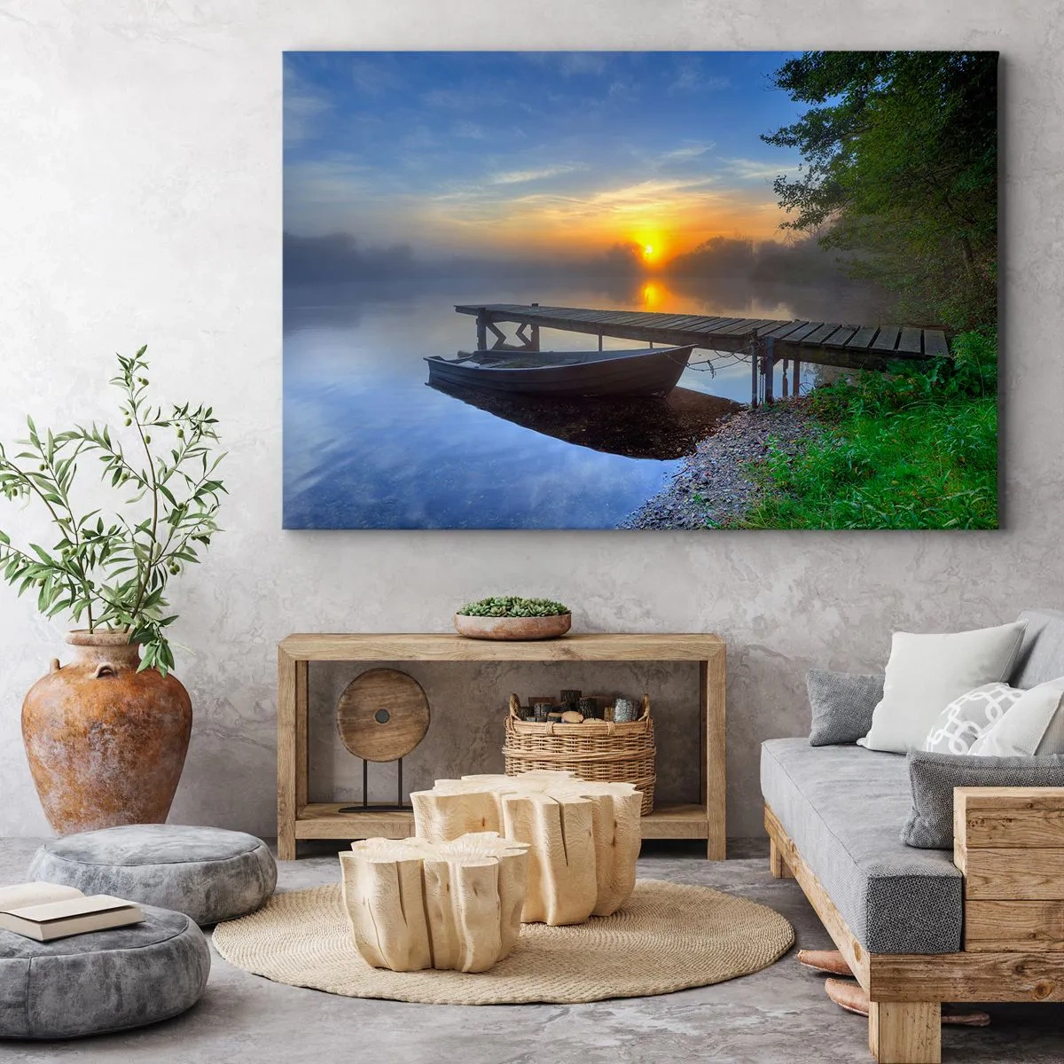 Cuadro sobre lienzo - Impresión de Imagen - Un embarcadero junto al lago al amanecer con un barco en la orilla. - 120x80cm - Cómo lo ordinario se convierte en mágico - Decoración de pared moderna para salón y dormitorio ARTTOR