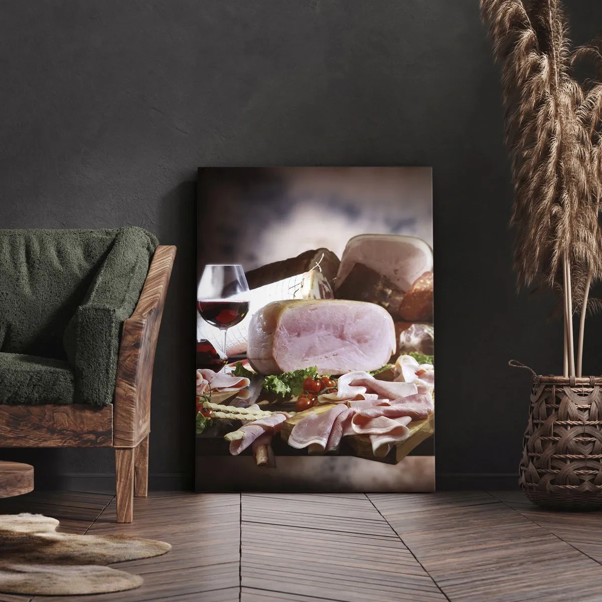 Cuadro sobre lienzo - Impresión de Imagen - Embutidos con vino sobre fondo rústico - 50x70cm - Un sueño culinario  - Decoración de pared moderna para salón y dormitorio ARTTOR
